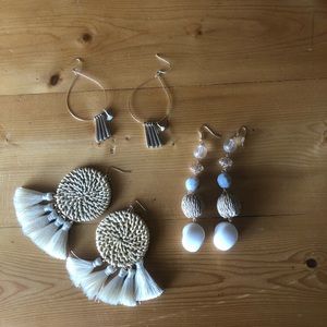 3 pair of straw/ gold/ bead earrings